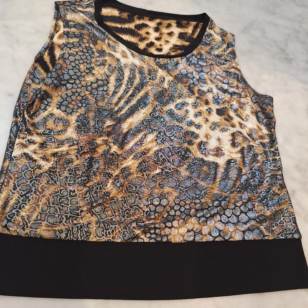Tiger Pattern Sleeveless Top Sz Med Gold Blk Metallic Animal Print Snakeskin